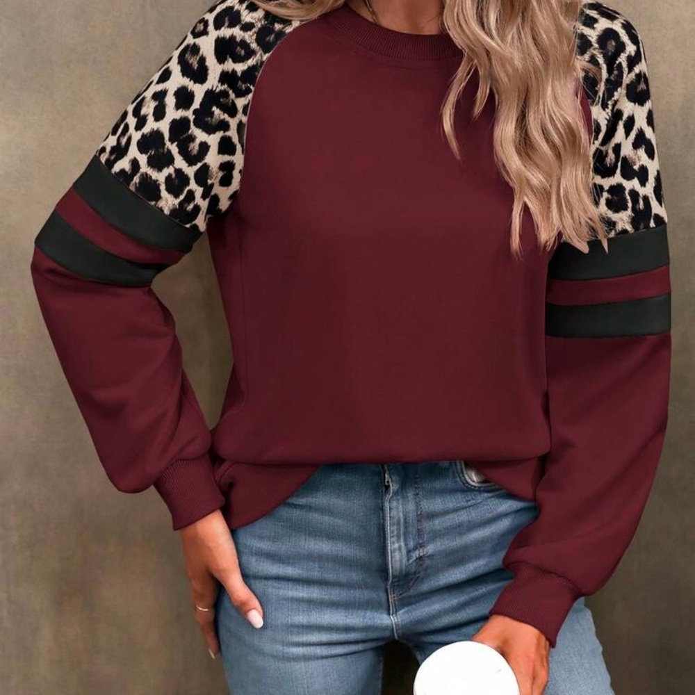 SHEIN Leopard & Striped Raglan Sweatshirt Burgundy Oversized Gamecocks Colors M